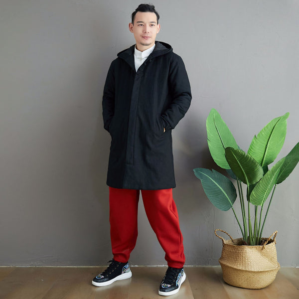 Men Simple Pure Color Style Middle Length Linen and Cotton Quilted Coat with Hoodie