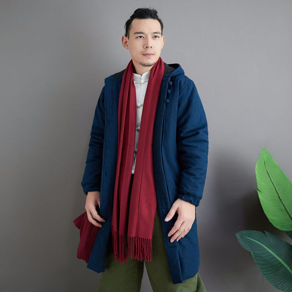 Men Simple Pure Color Style Middle Length Linen and Cotton Quilted Coat with Hoodie