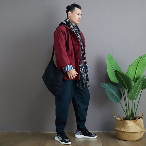 Men Simple Pure Color Style Linen and Cotton Jacket with Hoodie (inner with velvet)