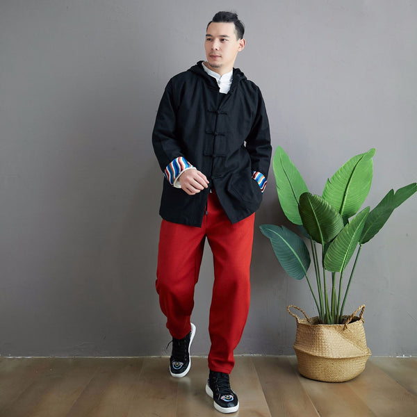 Men Simple Pure Color Style Linen and Cotton Jacket with Hoodie (inner with velvet)