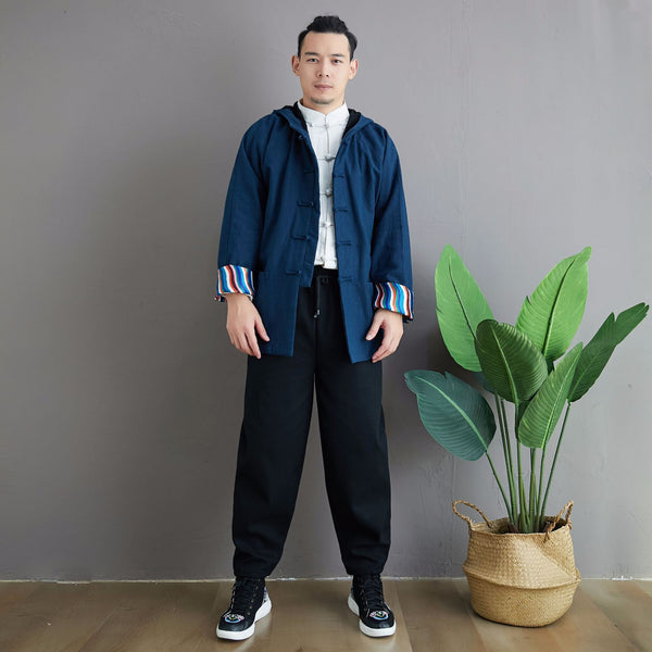Men Simple Pure Color Style Linen and Cotton Jacket with Hoodie (inner with velvet)
