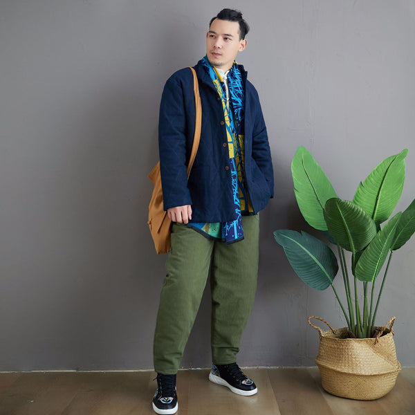 Men Simple Pure Color Style Linen and Cotton Quilted Jacket