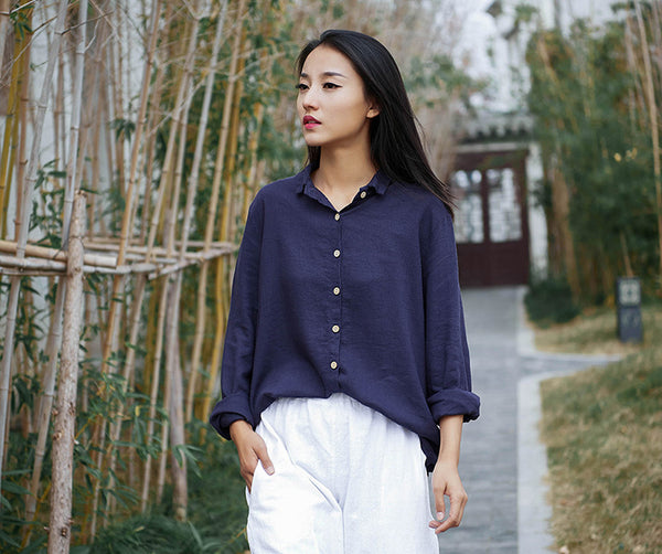Women Casual Style Sand-washed Linen and Cotton Long Sleeve Shirt