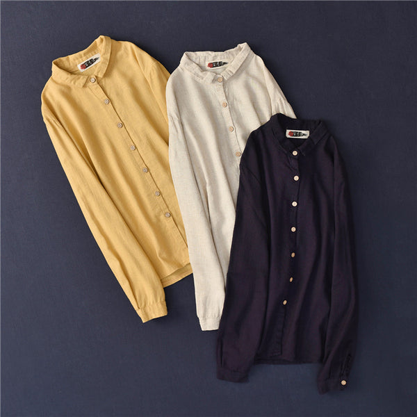 Women Casual Style Sand-washed Linen and Cotton Long Sleeve Shirt