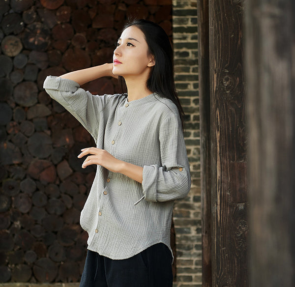 Women Casual Style Wrinkle Linen and Cotton Long Sleeve Cardigan Shirt