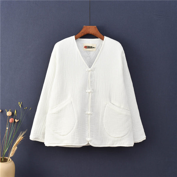 Women Casual Style Wrinkle Linen and Cotton Long Sleeve Quilted Cardigan Shirt