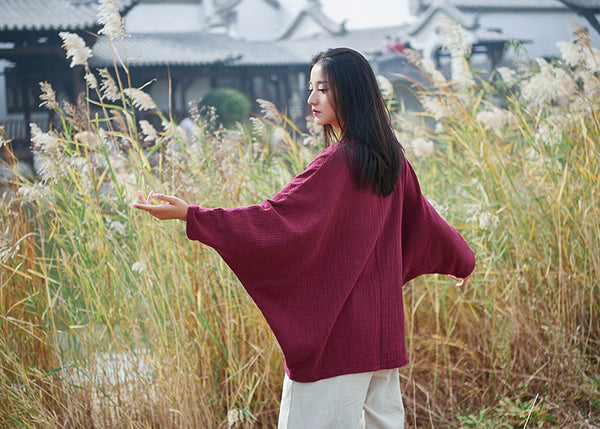 Women Casual Style Linen and Cotton Long Sleeve Loose T-shirt