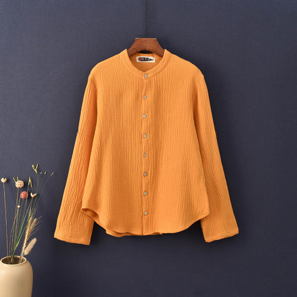 Women Casual Style Wrinkle Linen and Cotton Long Sleeve Cardigan Shirt