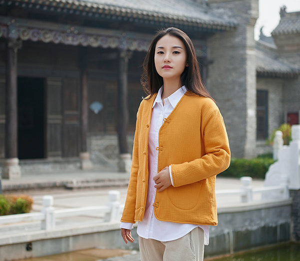 Women Casual Style Wrinkle Linen and Cotton Long Sleeve Quilted Cardigan Shirt