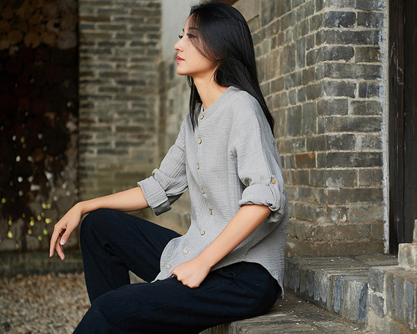 Women Casual Style Wrinkle Linen and Cotton Long Sleeve Cardigan Shirt