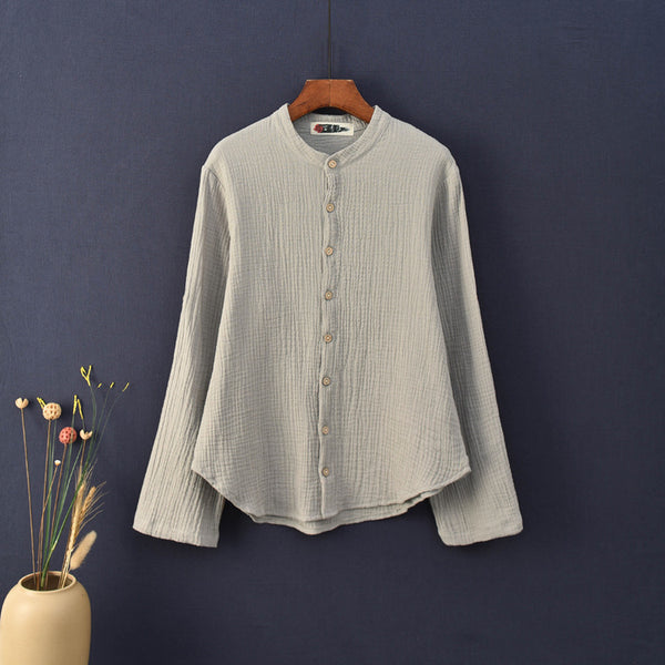 Women Casual Style Wrinkle Linen and Cotton Long Sleeve Cardigan Shirt