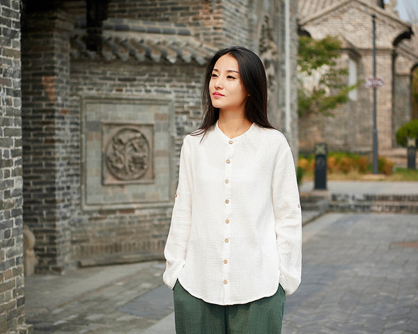 Women Casual Style Wrinkle Linen and Cotton Long Sleeve Cardigan Shirt