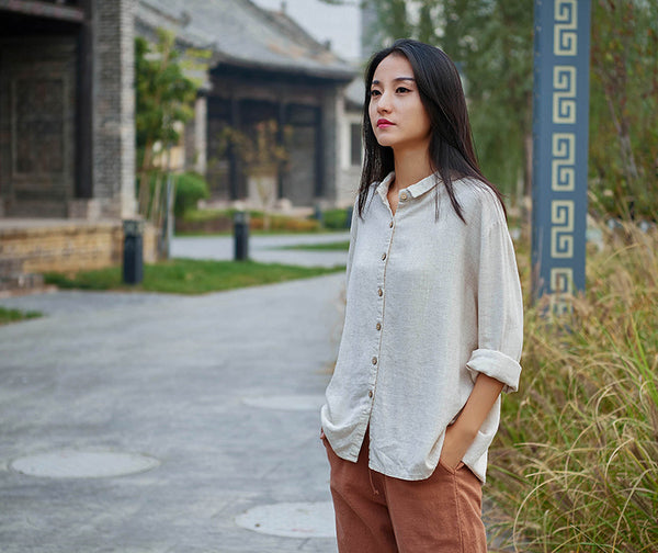 Women Casual Style Sand-washed Linen and Cotton Long Sleeve Shirt