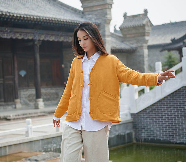 Women Casual Style Wrinkle Linen and Cotton Long Sleeve Quilted Cardigan Shirt