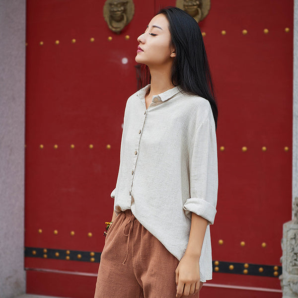 Women Casual Style Sand-washed Linen and Cotton Long Sleeve Shirt