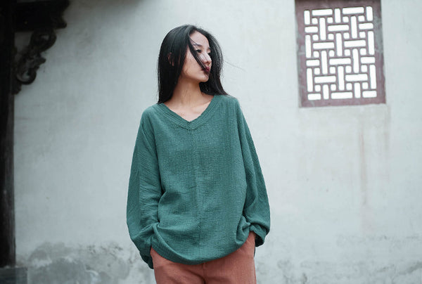 Women Casual Style Linen and Cotton Long Sleeve Loose T-shirt