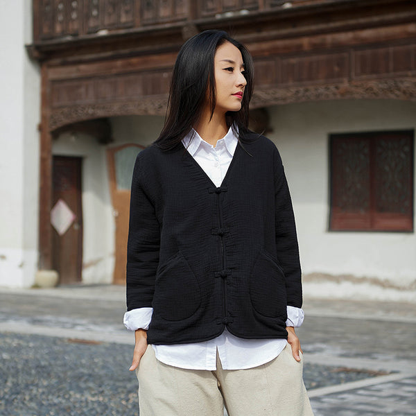 Women Casual Style Wrinkle Linen and Cotton Long Sleeve Quilted Cardigan Shirt