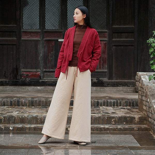 Women Linen and Cotton Wide Leg Quilted Pants