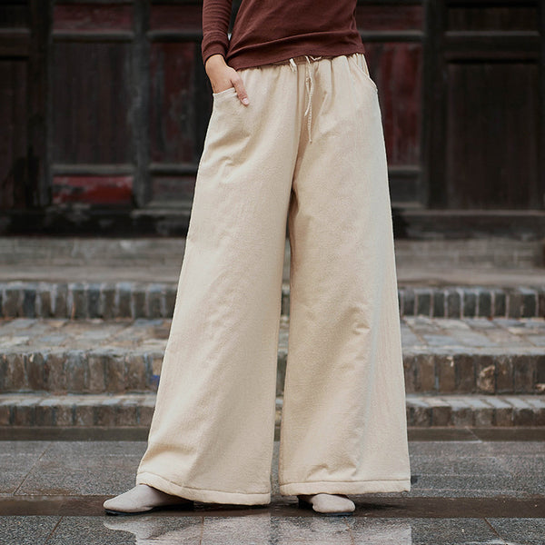 Women Linen and Cotton Wide Leg Quilted Pants
