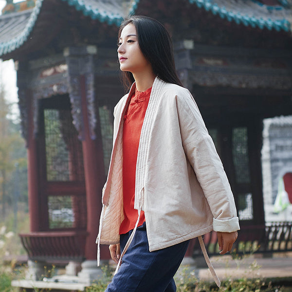 Women Eastern Zen Style Linen and Cotton Long Sleeve Quilted Short Coat