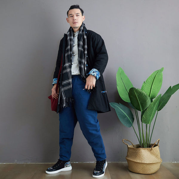 Men Asian KungFu Style Middle Length Linen and Cotton Quilted Coat