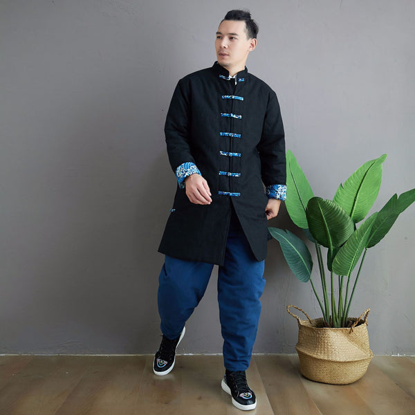 Men Asian KungFu Style Middle Length Linen and Cotton Quilted Coat