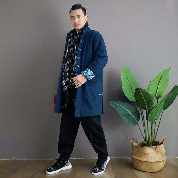 Men Asian KungFu Style Middle Length Linen and Cotton Quilted Coat
