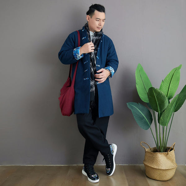 Men Asian KungFu Style Middle Length Linen and Cotton Quilted Coat