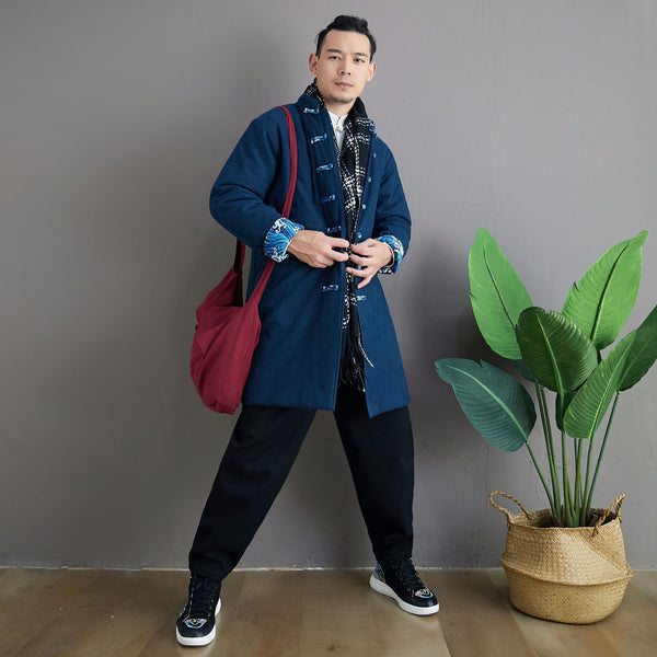 Men Asian KungFu Style Middle Length Linen and Cotton Quilted Coat