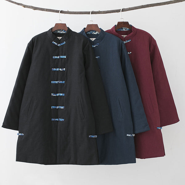 Men Asian KungFu Style Middle Length Linen and Cotton Quilted Coat