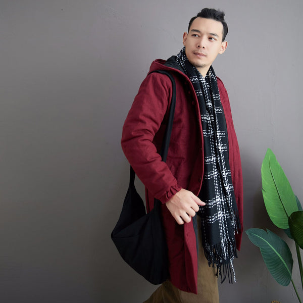 Men Simple Pure Color Style Middle Length Linen and Cotton Quilted Coat with Hoodie