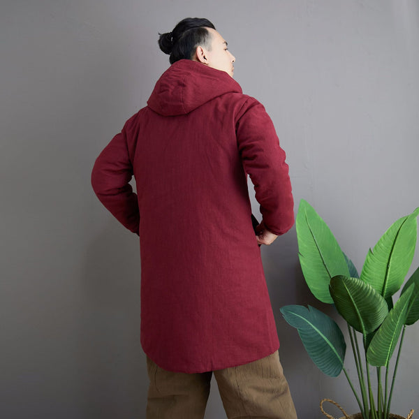 Men Simple Pure Color Style Middle Length Linen and Cotton Quilted Coat with Hoodie
