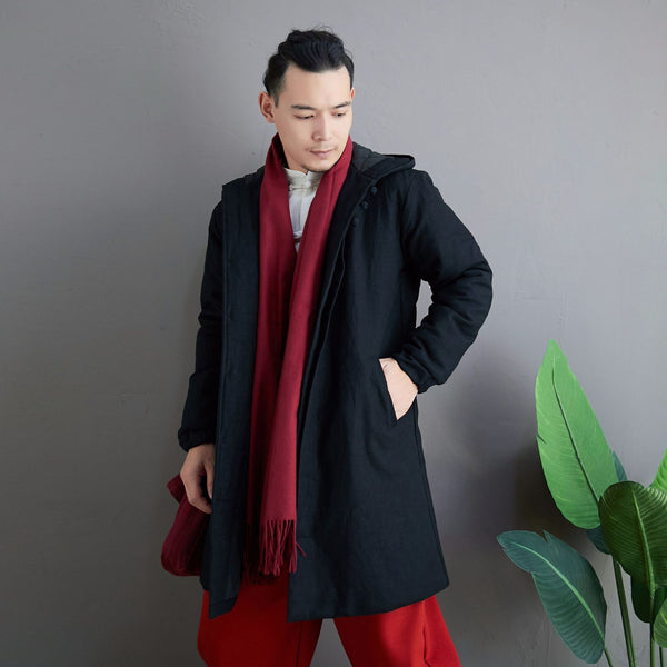 Men Simple Pure Color Style Middle Length Linen and Cotton Quilted Coat with Hoodie