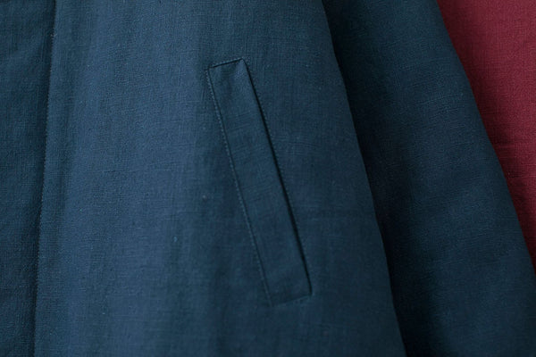 Men Simple Pure Color Style Middle Length Linen and Cotton Quilted Coat with Hoodie