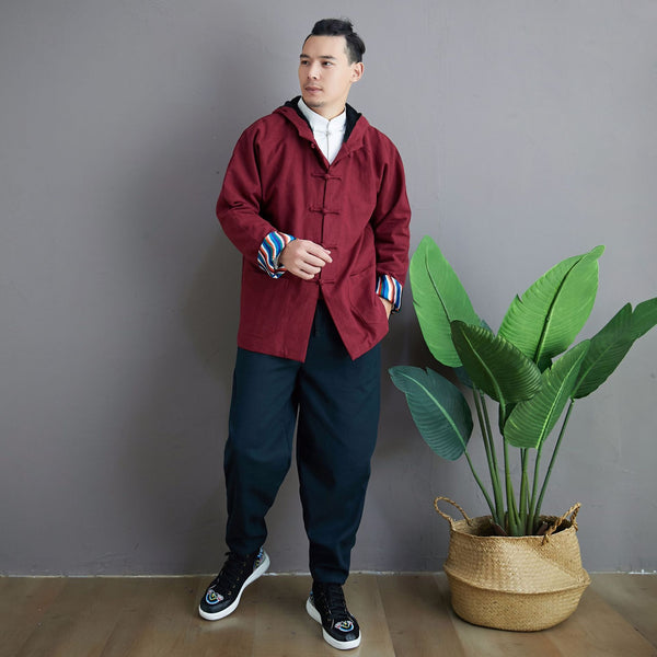 Men Simple Pure Color Style Linen and Cotton Jacket with Hoodie (inner with velvet)