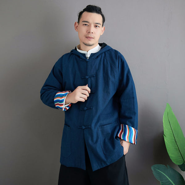 Men Simple Pure Color Style Linen and Cotton Jacket with Hoodie (inner with velvet)