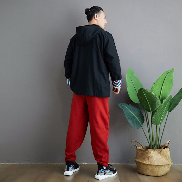 Men Simple Pure Color Style Linen and Cotton Jacket with Hoodie (inner with velvet)