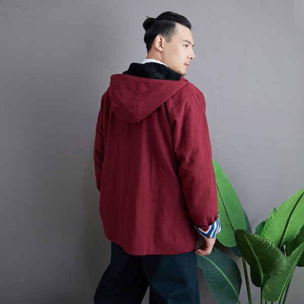 Men Simple Pure Color Style Linen and Cotton Jacket with Hoodie (inner with velvet)