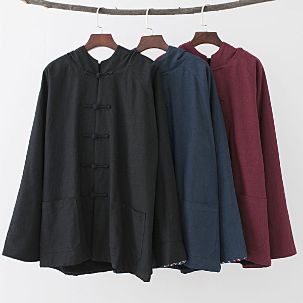 Men Simple Pure Color Style Linen and Cotton Jacket with Hoodie (inner with velvet)