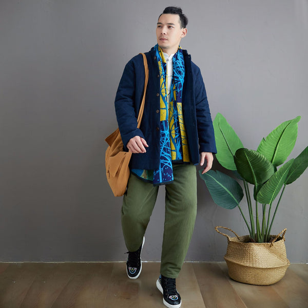 Men Simple Pure Color Style Linen and Cotton Quilted Jacket