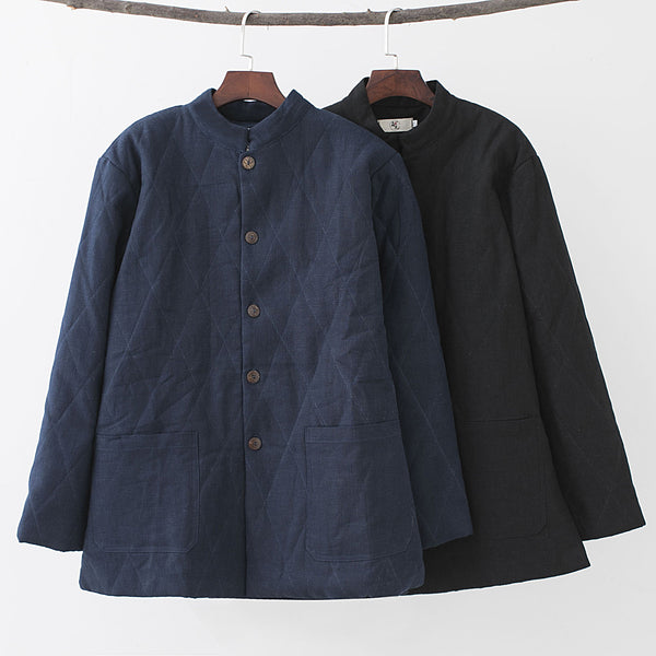 Men Simple Pure Color Style Linen and Cotton Quilted Jacket