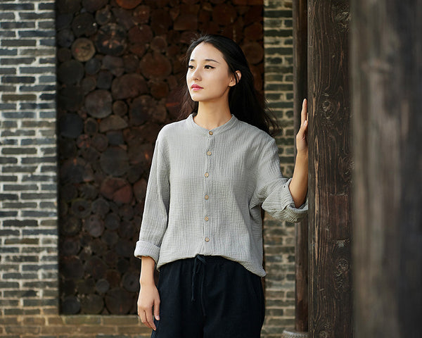 Women Casual Style Wrinkle Linen and Cotton Long Sleeve Cardigan Shirt