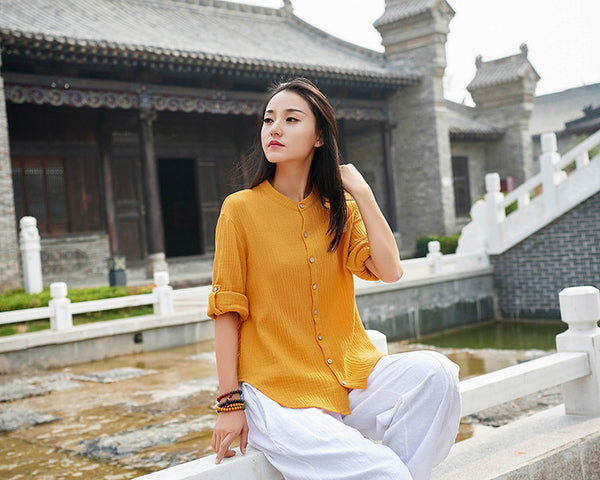 Women Casual Style Wrinkle Linen and Cotton Long Sleeve Cardigan Shirt