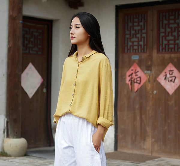 Women Casual Style Sand-washed Linen and Cotton Long Sleeve Shirt