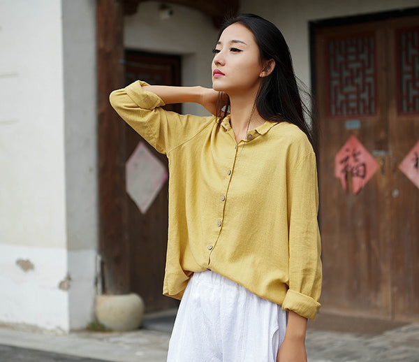 Women Casual Style Sand-washed Linen and Cotton Long Sleeve Shirt