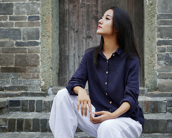 Women Casual Style Sand-washed Linen and Cotton Long Sleeve Shirt
