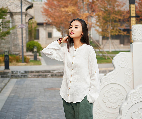 Women Casual Style Wrinkle Linen and Cotton Long Sleeve Cardigan Shirt