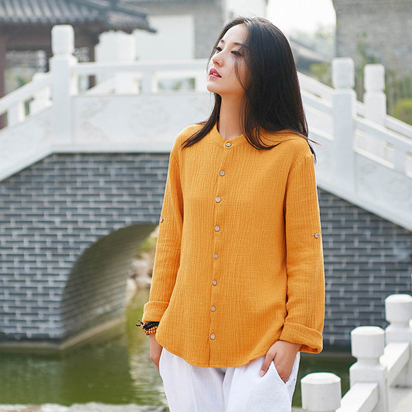 Women Casual Style Wrinkle Linen and Cotton Long Sleeve Cardigan Shirt