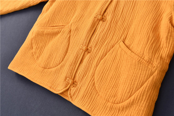 Women Casual Style Wrinkle Linen and Cotton Long Sleeve Quilted Cardigan Shirt