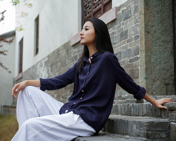 Women Casual Style Sand-washed Linen and Cotton Long Sleeve Shirt